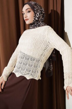 Directional Pattern Openwork Knit Sweater Beige
