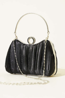 Ring-Handled Satin Pleated Evening Bag Black
