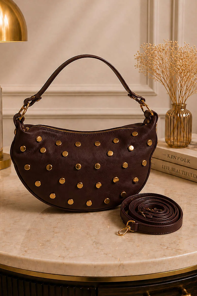 Studded Zip-Up Bag Dark Brown