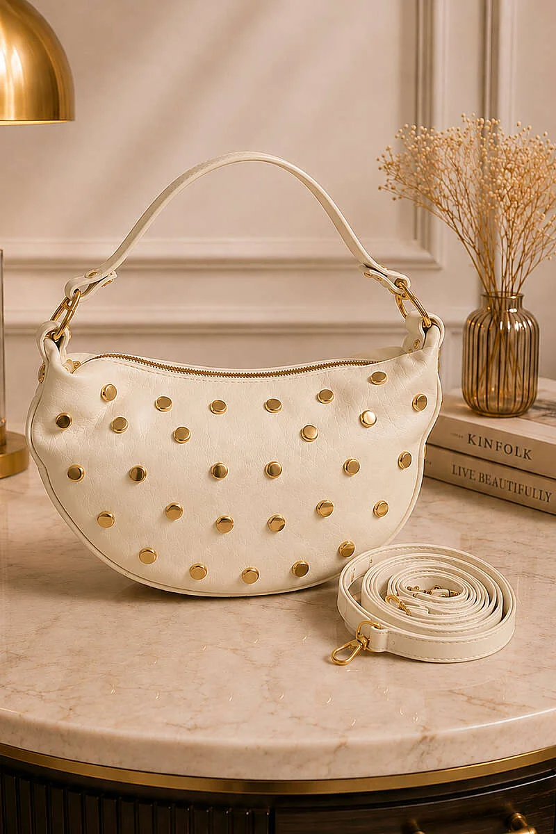 Studded Zip-Up Bag Cream