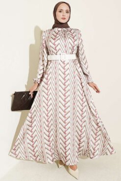 Zigzag Pattern Satin Dress Beige
