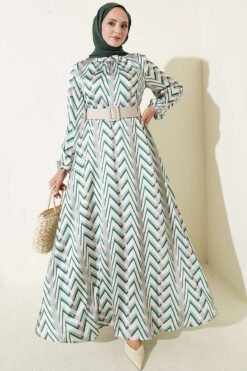 Zigzag Pattern Satin Dress Green