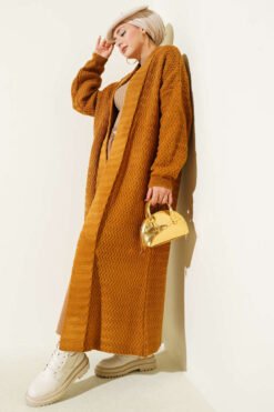 Zigzag Textured Knit Long Cardigan Camel