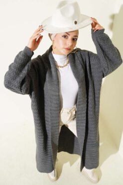 Zigzag Textured Knit Long Cardigan Smoke