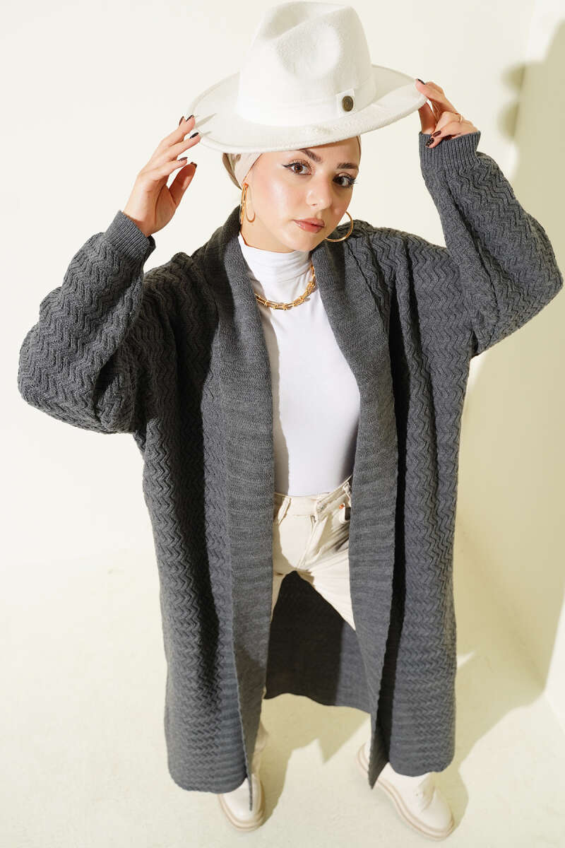 Zigzag Textured Knit Long Cardigan Smoke