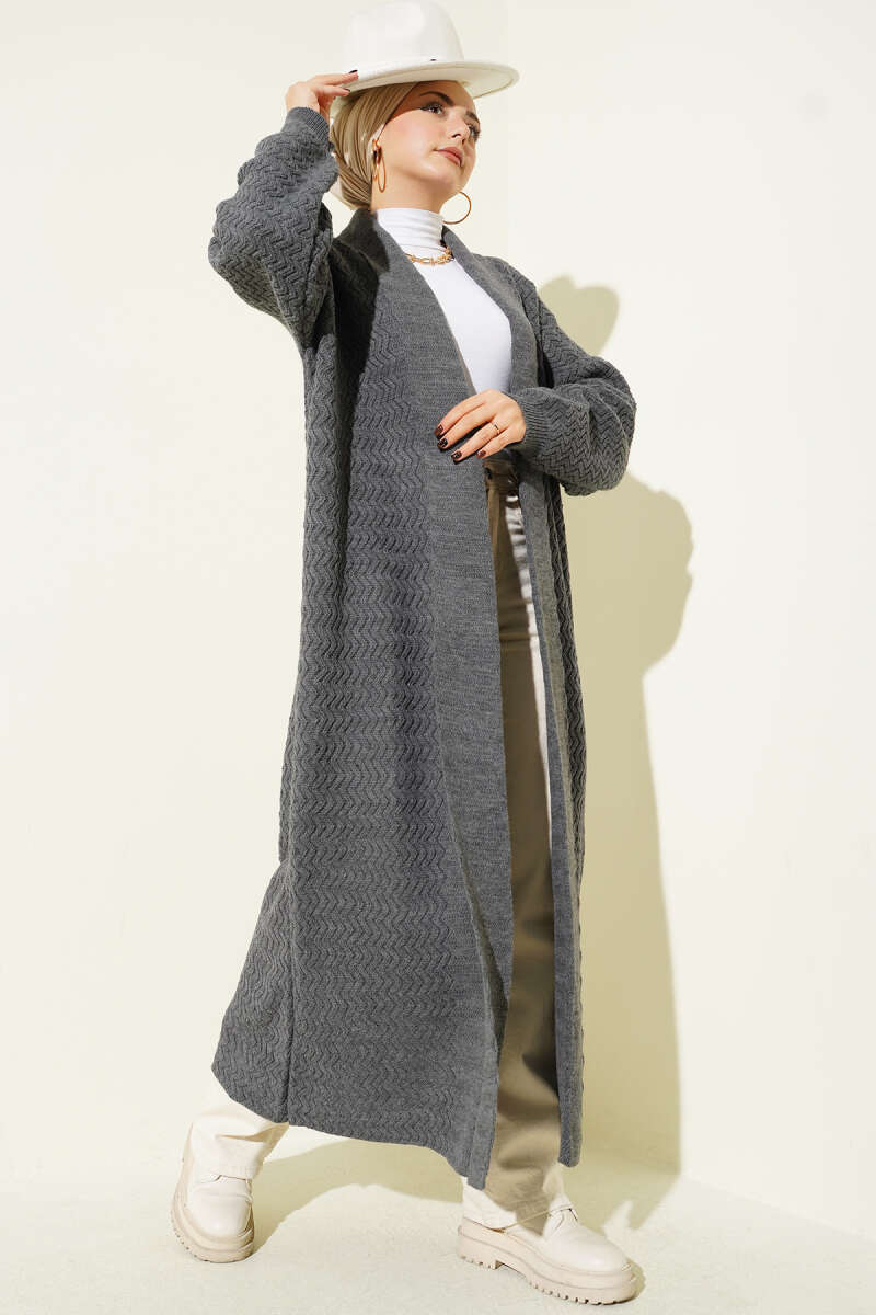 Zigzag Textured Knit Long Cardigan Smoke - immagine 2