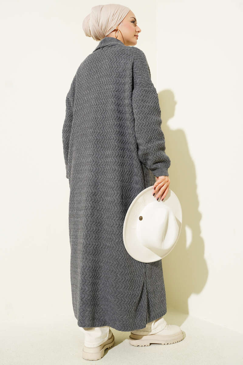 Zigzag Textured Knit Long Cardigan Smoke - immagine 3