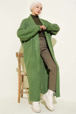 Zigzag Textured Knit Long Cardigan Green