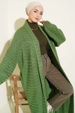 Alternative view of Zigzag Textured Knit Long Cardigan Green