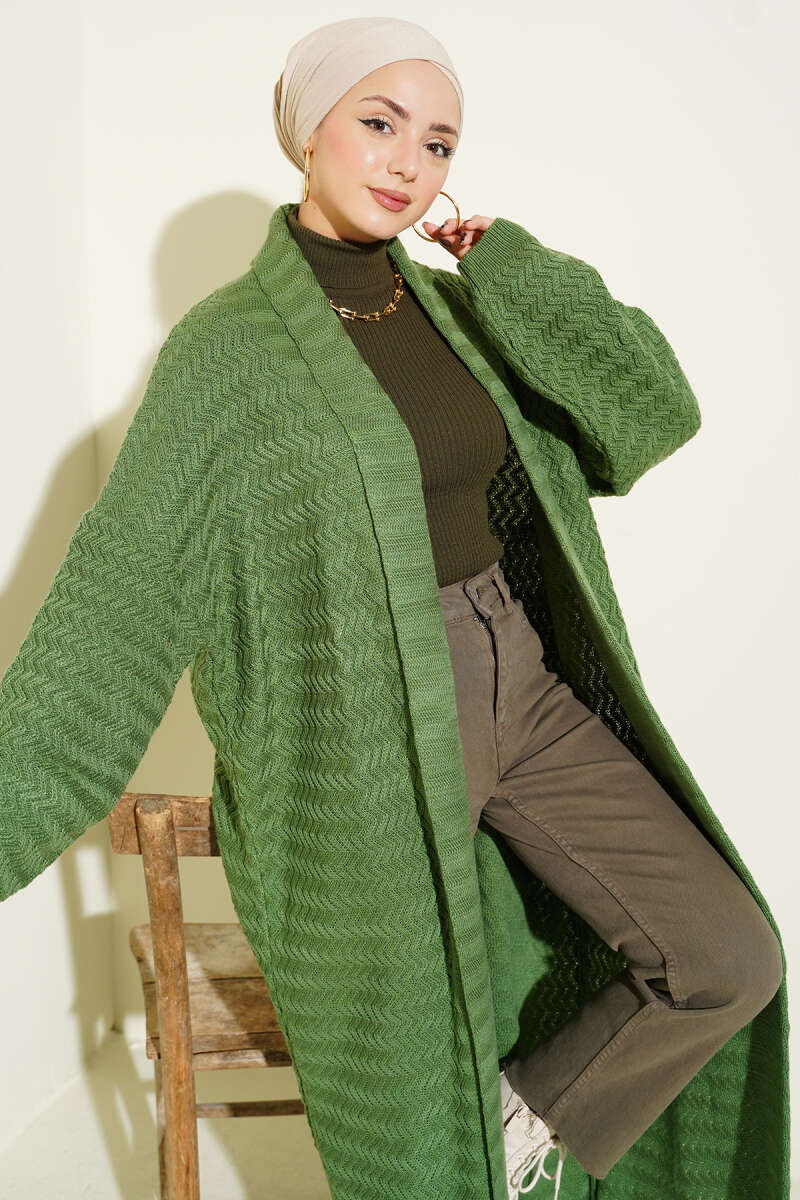 Zigzag Textured Knit Long Cardigan Green - Image 2