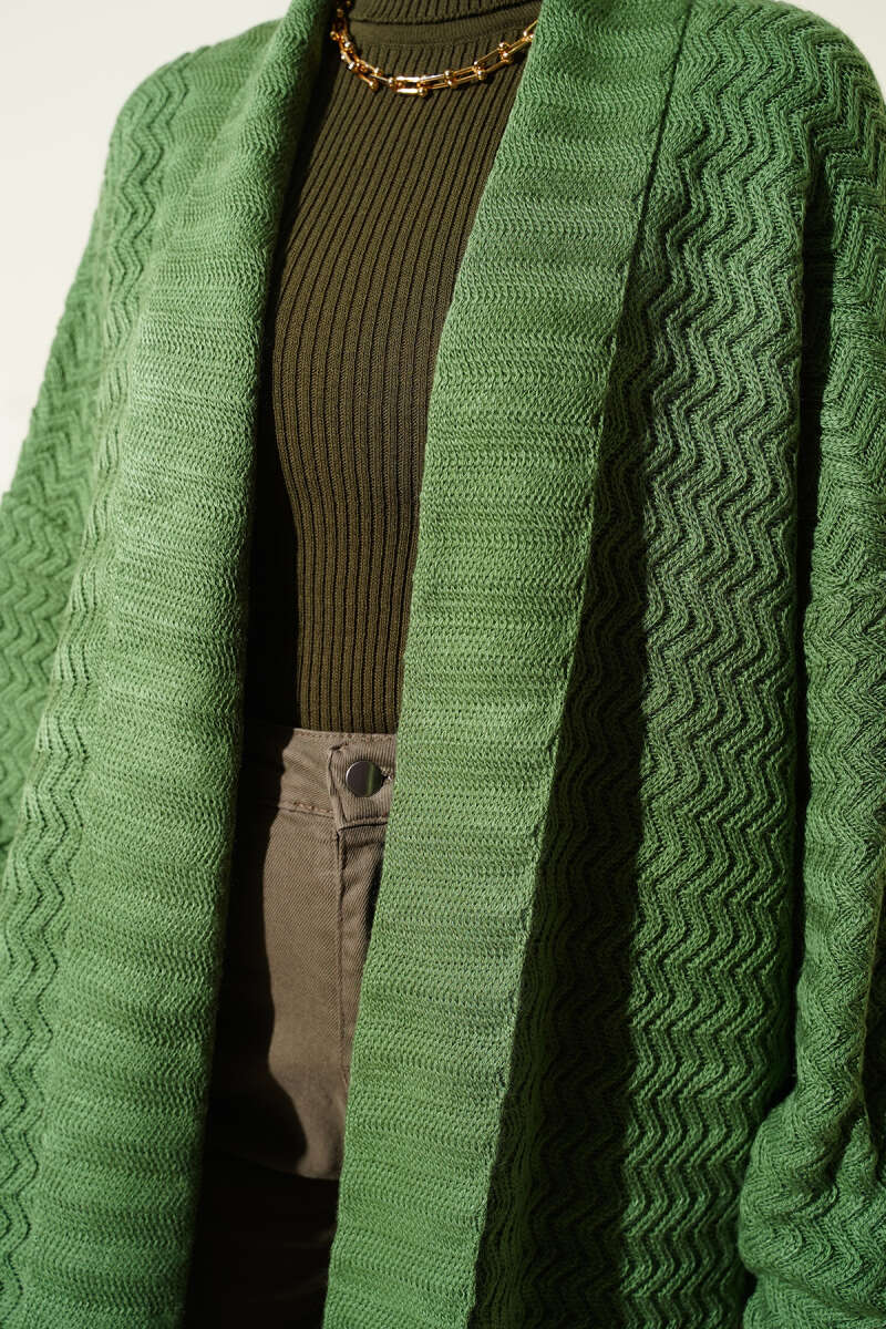 Zigzag Textured Knit Long Cardigan Green - Image 4