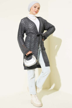 Alternative view of Chevron Patterned Open-Front Knit Cardigan with Belt Anthracite