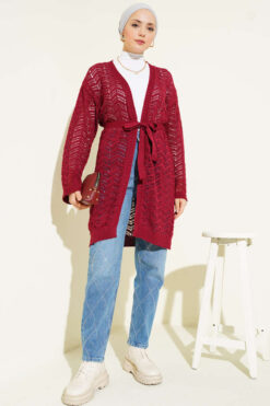 Alternative view of Chevron Patterned Open-Front Knit Cardigan with Belt Burgundy
