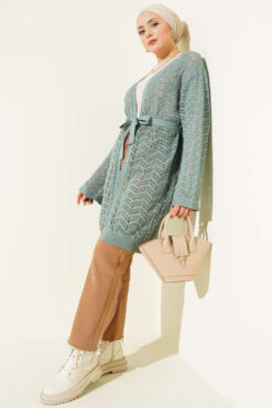 Alternative view of Chevron Patterned Open-Front Knit Cardigan with Belt Hazel