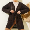 Chevron Patterned Open-Front Knit Cardigan with Belt Brown