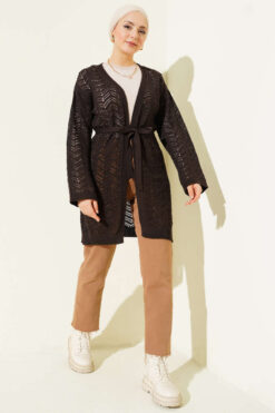 Alternative view of Chevron Patterned Open-Front Knit Cardigan with Belt Brown