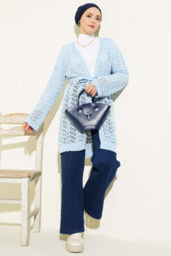 Alternative view of Chevron Patterned Open-Front Knit Cardigan with Belt Blue