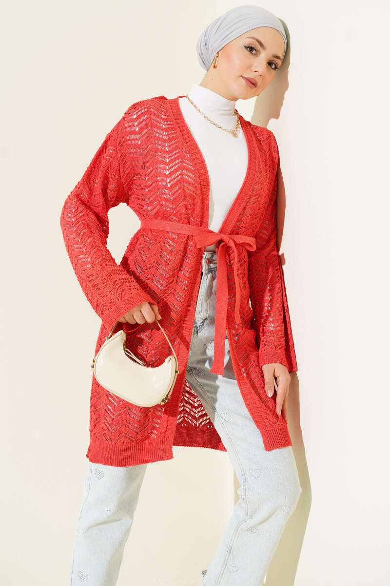 Chevron Patterned Open-Front Knit Cardigan with Belt Coral