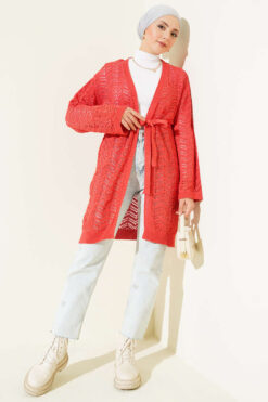 Alternative view of Chevron Patterned Open-Front Knit Cardigan with Belt Coral