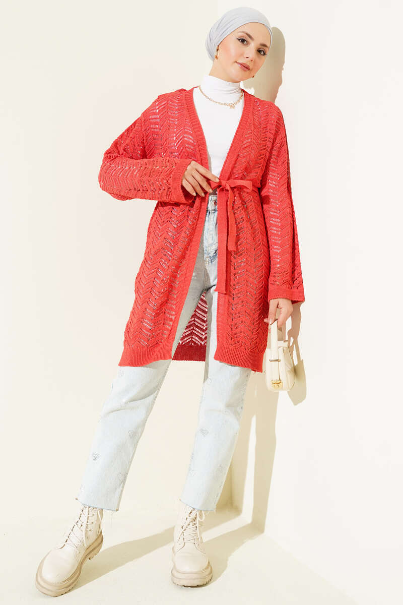 Chevron Patterned Open-Front Knit Cardigan with Belt Coral - Imagen 2