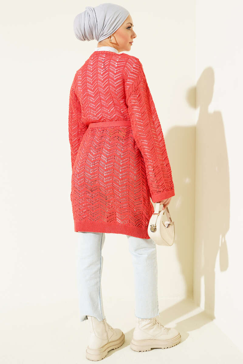 Chevron Patterned Open-Front Knit Cardigan with Belt Coral - Imagen 3
