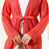 Chevron Patterned Open-Front Knit Cardigan with Belt Coral - Imagen 4