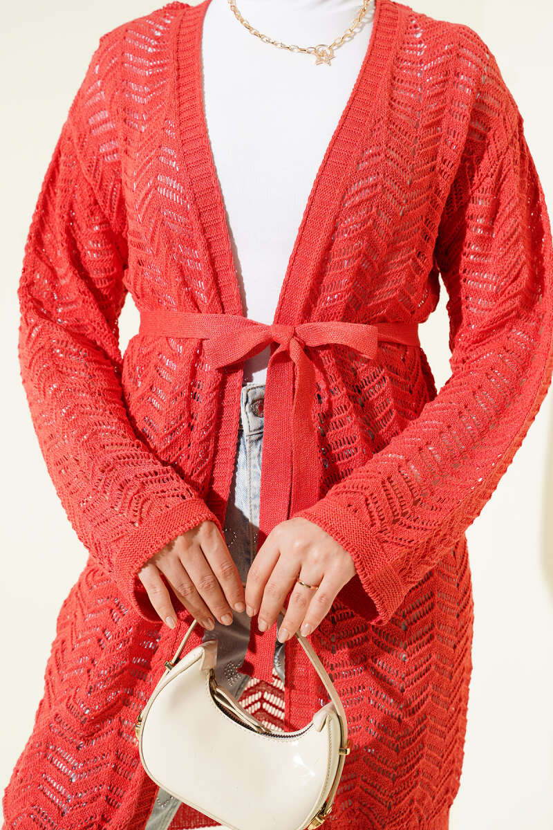 Chevron Patterned Open-Front Knit Cardigan with Belt Coral - Imagen 4