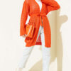 Chevron Patterned Open-Front Knit Cardigan with Belt Orange - Afbeelding 2