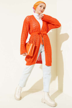 Alternative view of Chevron Patterned Open-Front Knit Cardigan with Belt Orange