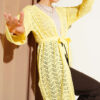 Chevron Patterned Open-Front Knit Cardigan with Belt Yellow