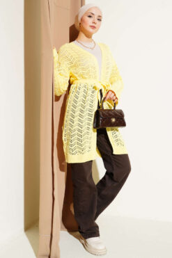 Alternative view of Chevron Patterned Open-Front Knit Cardigan with Belt Yellow