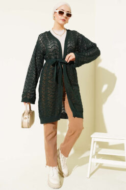 Alternative view of Chevron Patterned Open-Front Knit Cardigan with Belt Emerald