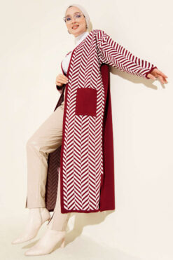 Long Zigzag Striped Pattern Knit Cardigan Burgundy