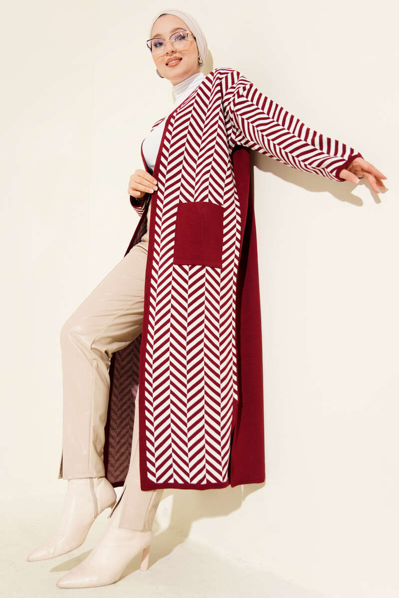 Long Zigzag Striped Pattern Knit Cardigan Burgundy