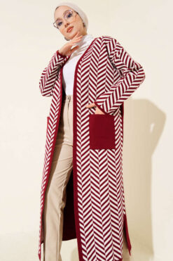 Alternative view of Long Zigzag Striped Pattern Knit Cardigan Burgundy