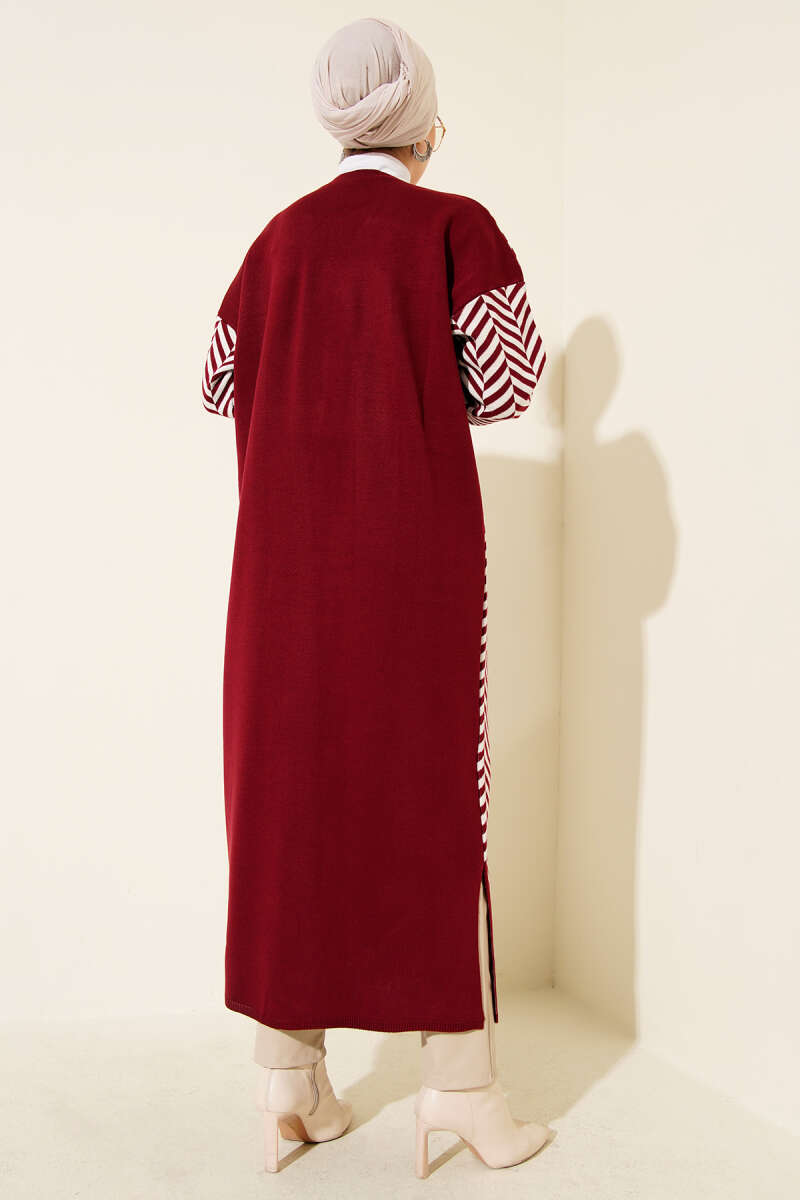 Long Zigzag Striped Pattern Knit Cardigan Burgundy – Image 3
