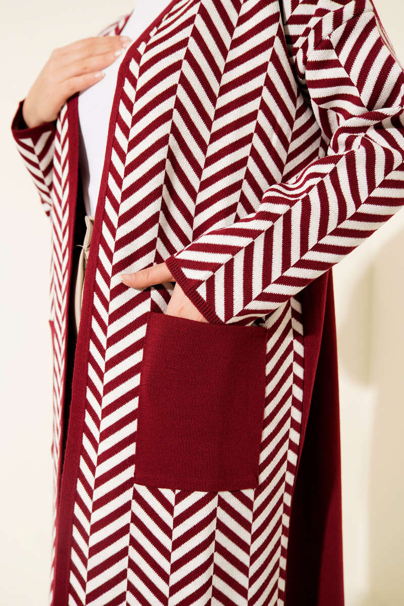 Long Zigzag Striped Pattern Knit Cardigan Burgundy – Image 4