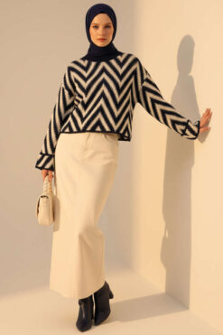 Alternative view of Zigzag Pattern Openwork Knit Sweater Navy Blue