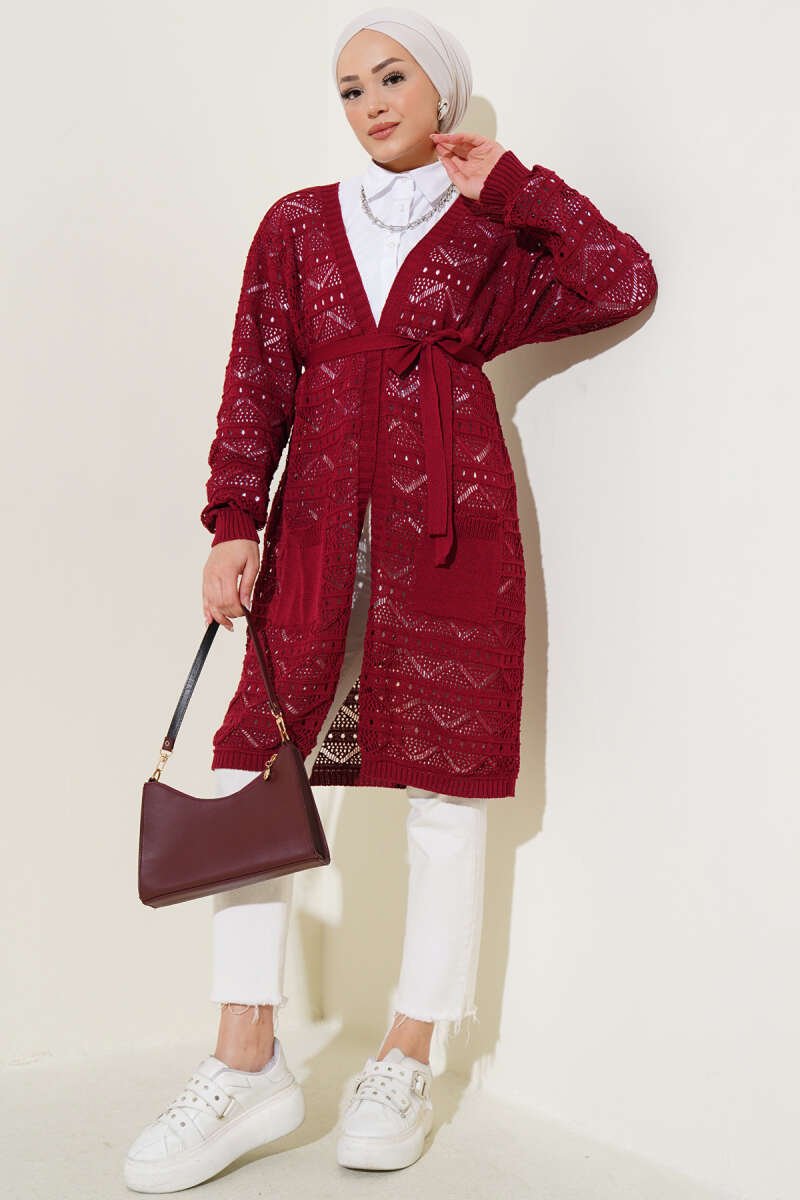 Chevron Patterned Open-Knit Belted Knit Cardigan Burgundy - immagine 2