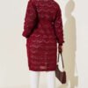 Chevron Patterned Open-Knit Belted Knit Cardigan Burgundy - immagine 3