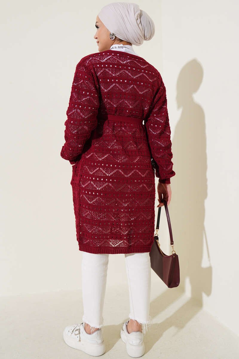 Chevron Patterned Open-Knit Belted Knit Cardigan Burgundy - immagine 3