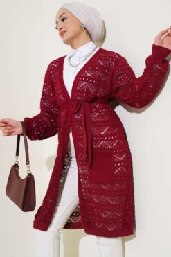 Chevron Patterned Open-Knit Belted Knit Cardigan Burgundy