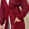 Chevron Patterned Open-Knit Belted Knit Cardigan Burgundy - immagine 4