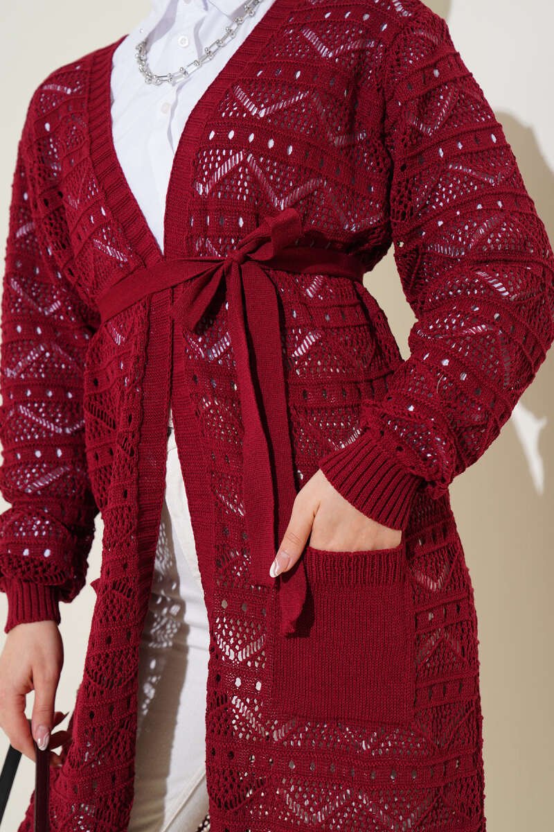 Chevron Patterned Open-Knit Belted Knit Cardigan Burgundy - immagine 4
