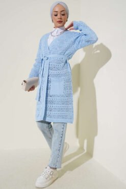 Alternative view of Chevron Patterned Open-Knit Belted Knit Cardigan Blue