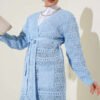 Chevron Patterned Open-Knit Belted Knit Cardigan Blue
