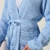 Chevron Patterned Open-Knit Belted Knit Cardigan Blue – Image 4