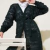 Chevron Patterned Open-Knit Belted Knit Cardigan Emerald