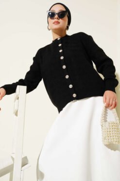 Chevron Patterned Knit Cardigan with Gold Buttons Black