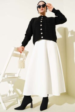 Alternative view of Chevron Patterned Knit Cardigan with Gold Buttons Black